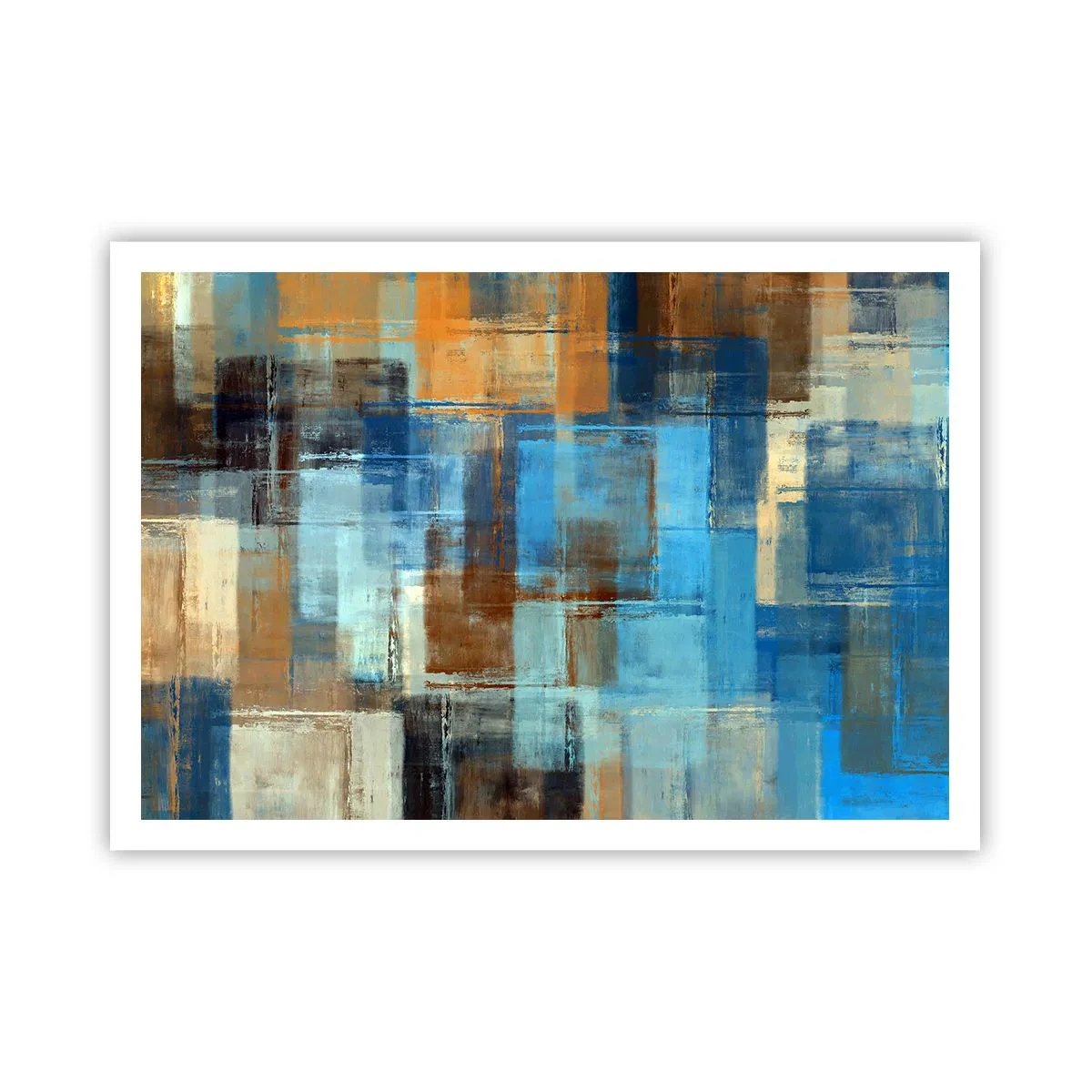 Plakat - Abstrakcyjna kompozycja geometryczna w odcieniach niebieskiego i brązu - 100x70cm - Przez błękitną zasłonę - Nowoczesna dekoracja ścienna do salonu i sypialni ARTTOR