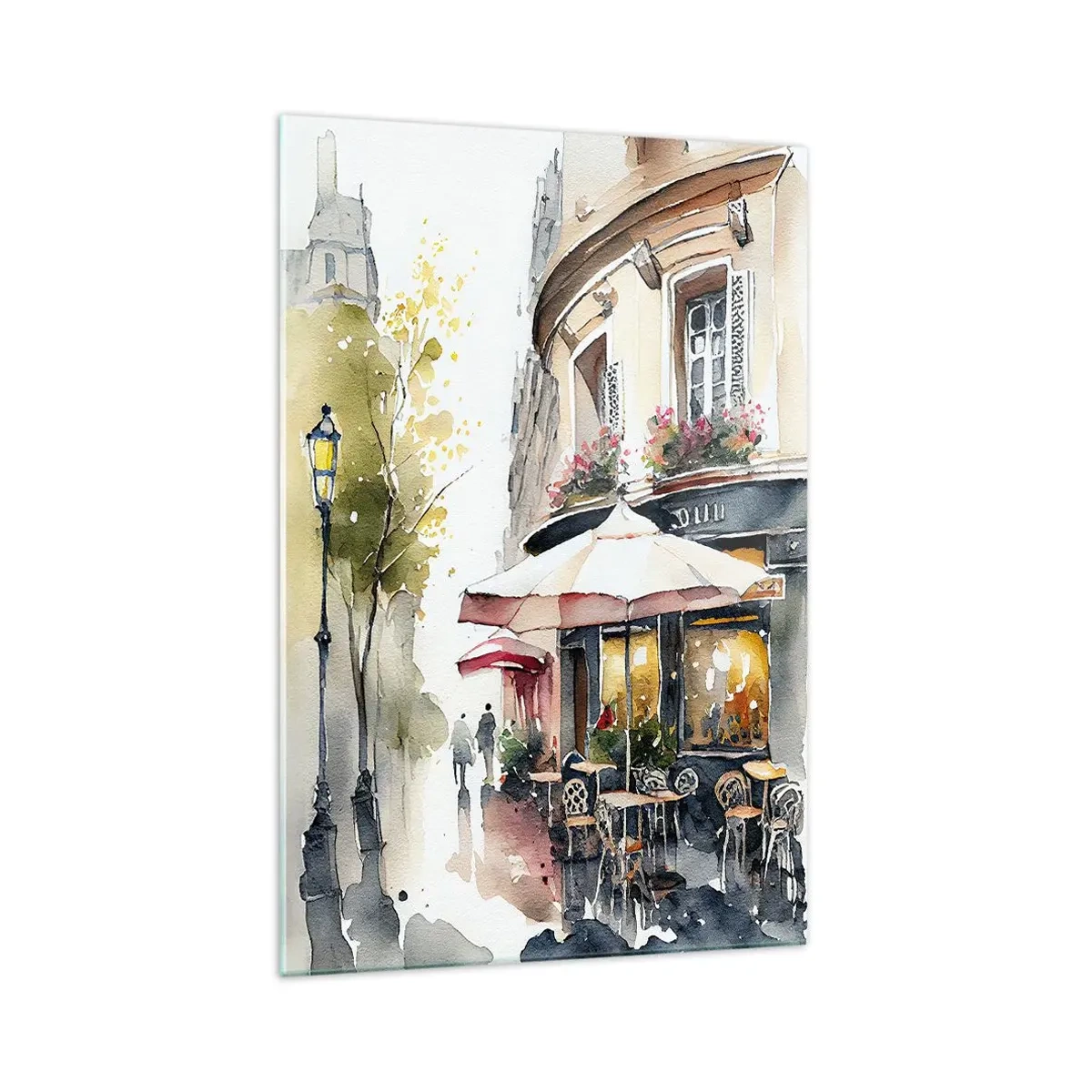 Obraz na szkle - Urocza kawiarnia na rogu ulicy w akwarelowym stylu - 70x100cm - Paryski poranek - Nowoczesna dekoracja ścienna do salonu i sypialni ARTTOR