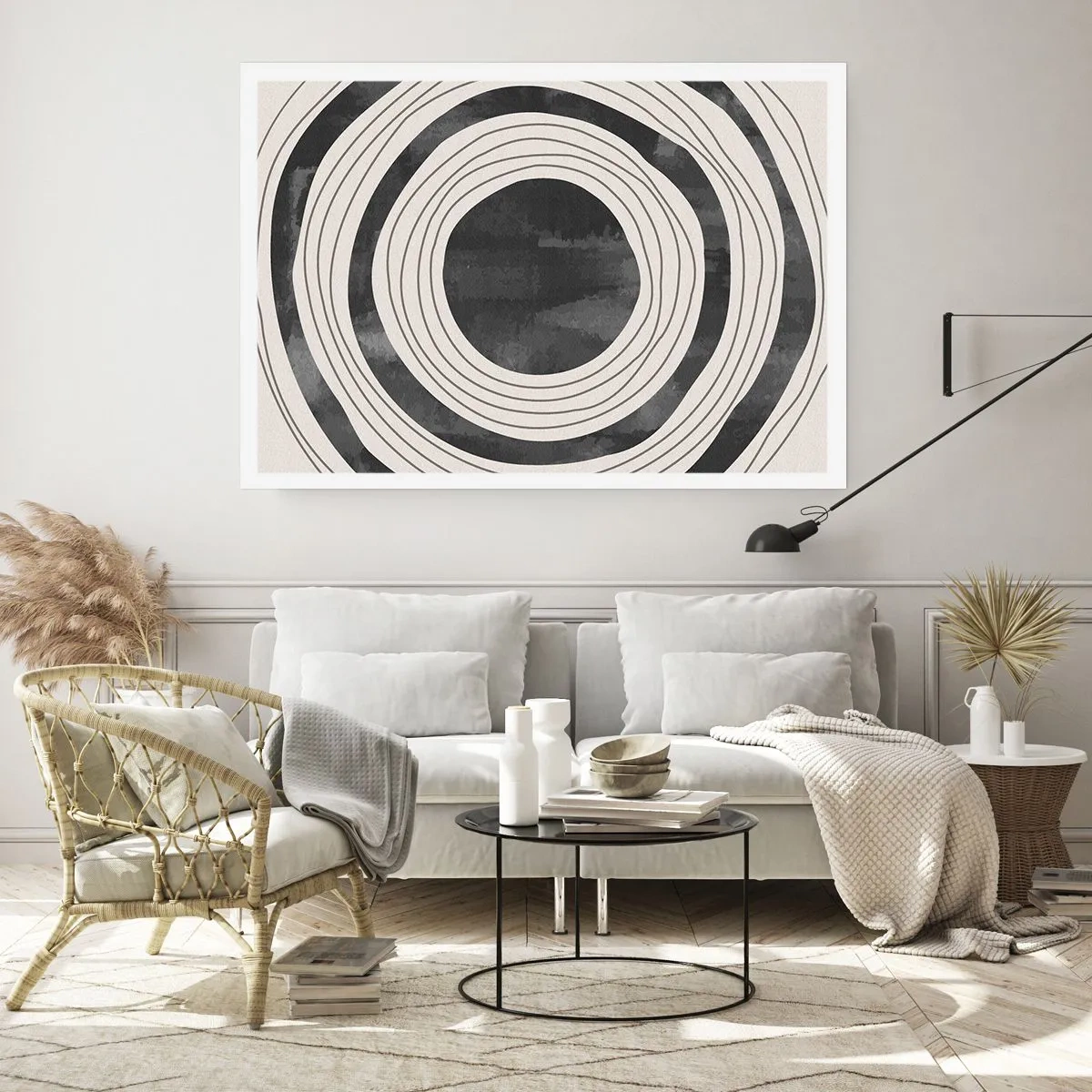 Plakat - Czarno-białe koncentryczne okręgi na jasnym tle - 100x70cm - W samo sedno - Nowoczesna dekoracja ścienna do salonu i sypialni ARTTOR