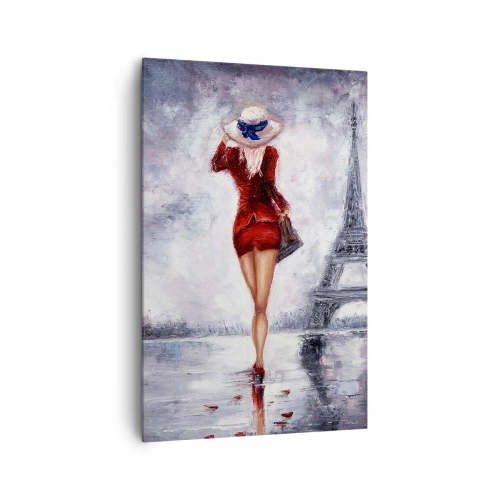 Obraz na płótnie - Kobieta w czerwonej sukni i kapeluszu na tle wieży Eiffla - 80x120cm - Paryskie symbole - Nowoczesna dekoracja ścienna do salonu i sypialni ARTTOR