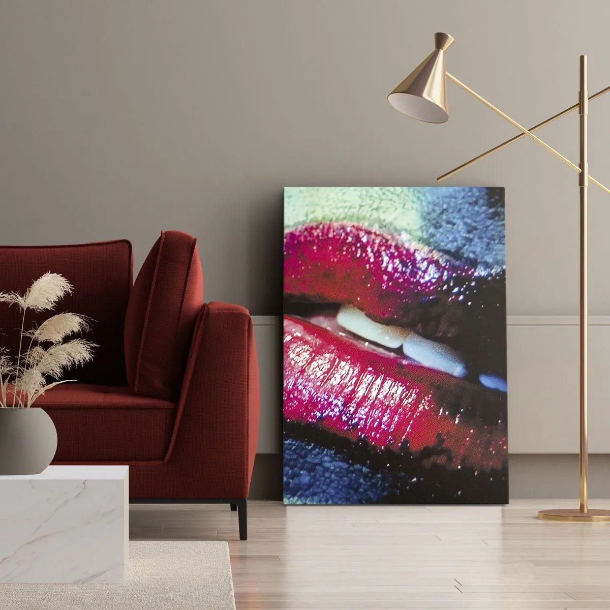 Obraz na płótnie - Zbliżenie na czerwone, błyszczące usta - 50x70cm - Zmysłowe i niepokojące - Nowoczesna dekoracja ścienna do salonu, kuchni i sypialni ARTTOR