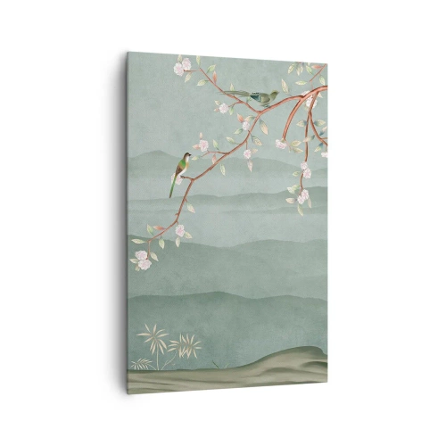 Obraz na płótnie - Malowniczy obraz gałęzi kwitnącego drzewa z ptakami na tle zielonych wzgórz - 80x120cm - Wiosna, ach, to ty - Nowoczesna dekoracja ścienna do salonu i sypialni ARTTOR