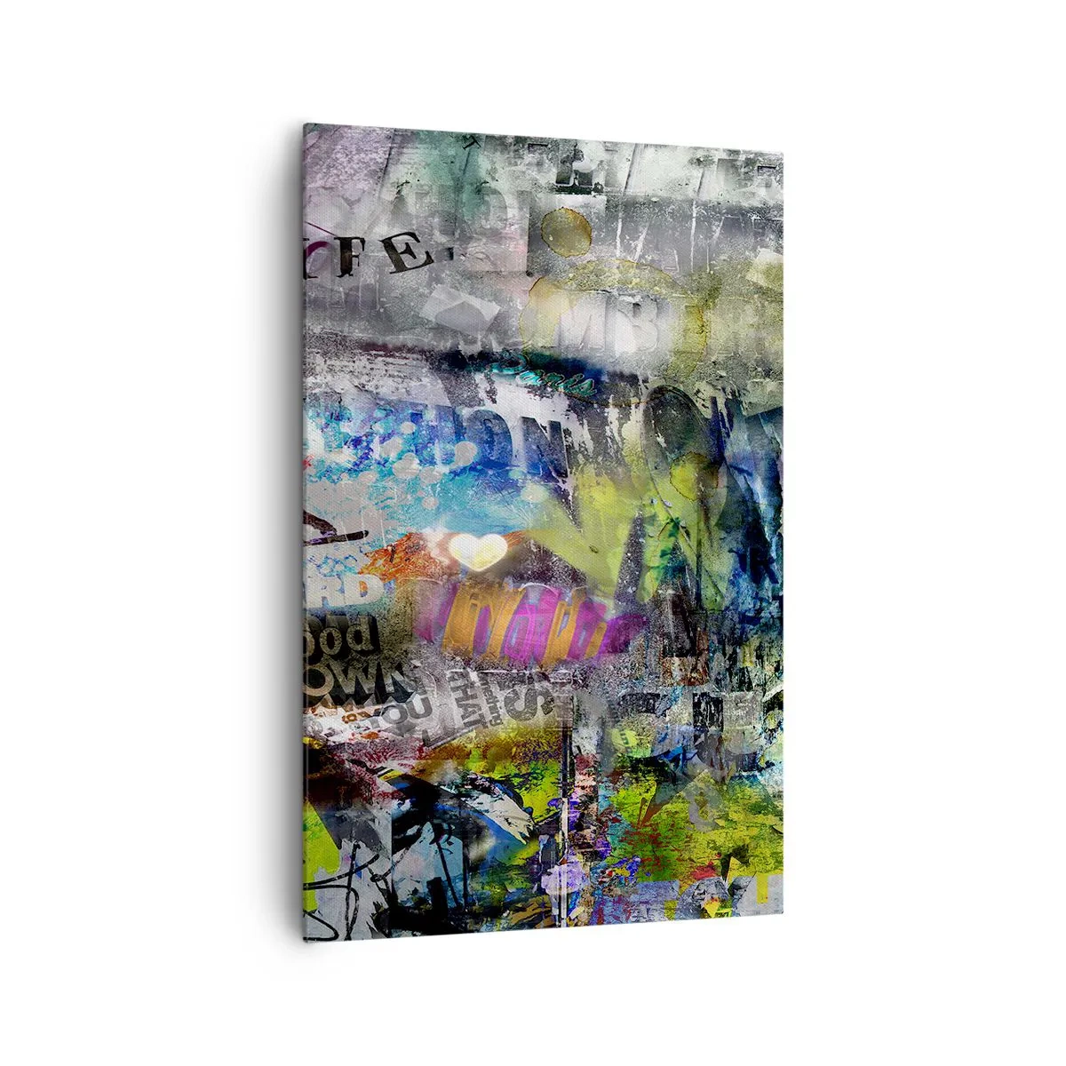 Obraz na płótnie - Abstrakcyjny kolaż z tekstami i różnorodnymi kolorami - 80x120cm - Kolaż wspomnień - Nowoczesna dekoracja ścienna do salonu i sypialni ARTTOR