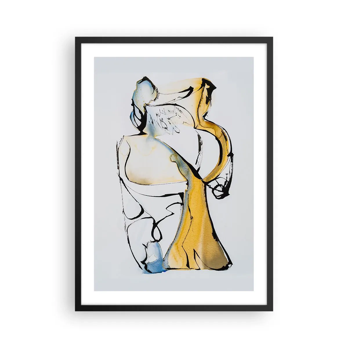 Plakat w czarnej ramie - Abstrakcyjna figura w czerni, żółci i błękicie, wyrażająca ruch i emocje - 50x70cm - Abstrakcja szklana - Nowoczesna dekoracja ścienna do salonu i sypialni ARTTOR