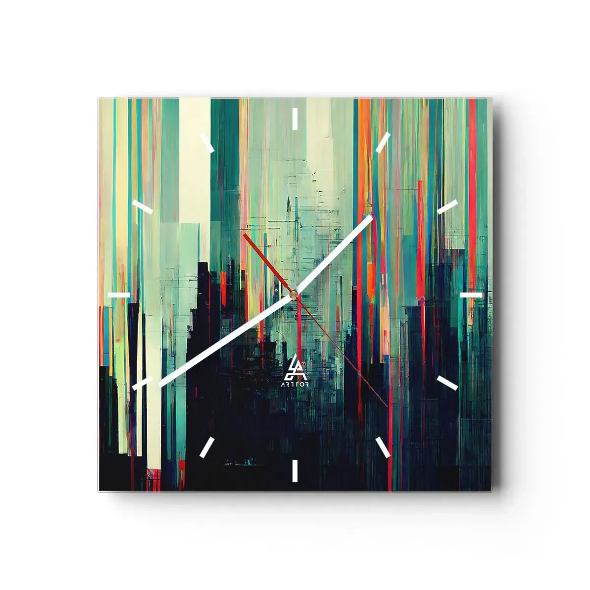 Zegar ścienny - Abstrakcja z pionowymi liniami i miejską panoramą - 30x30cm - Futurystyczne miasto - Nowoczesna dekoracja ścienna do salonu i sypialni ARTTOR