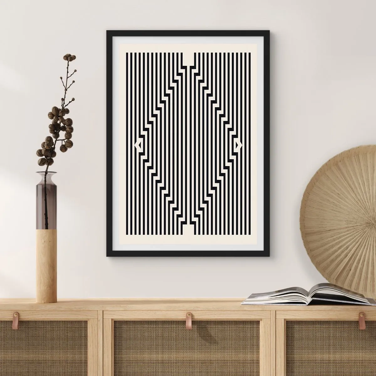 Plakat w czarnej ramie - Czarno-białe linie tworzące optyczną iluzję - 50x70cm - Geometryczna iluzja - Nowoczesna dekoracja ścienna do salonu i sypialni ARTTOR