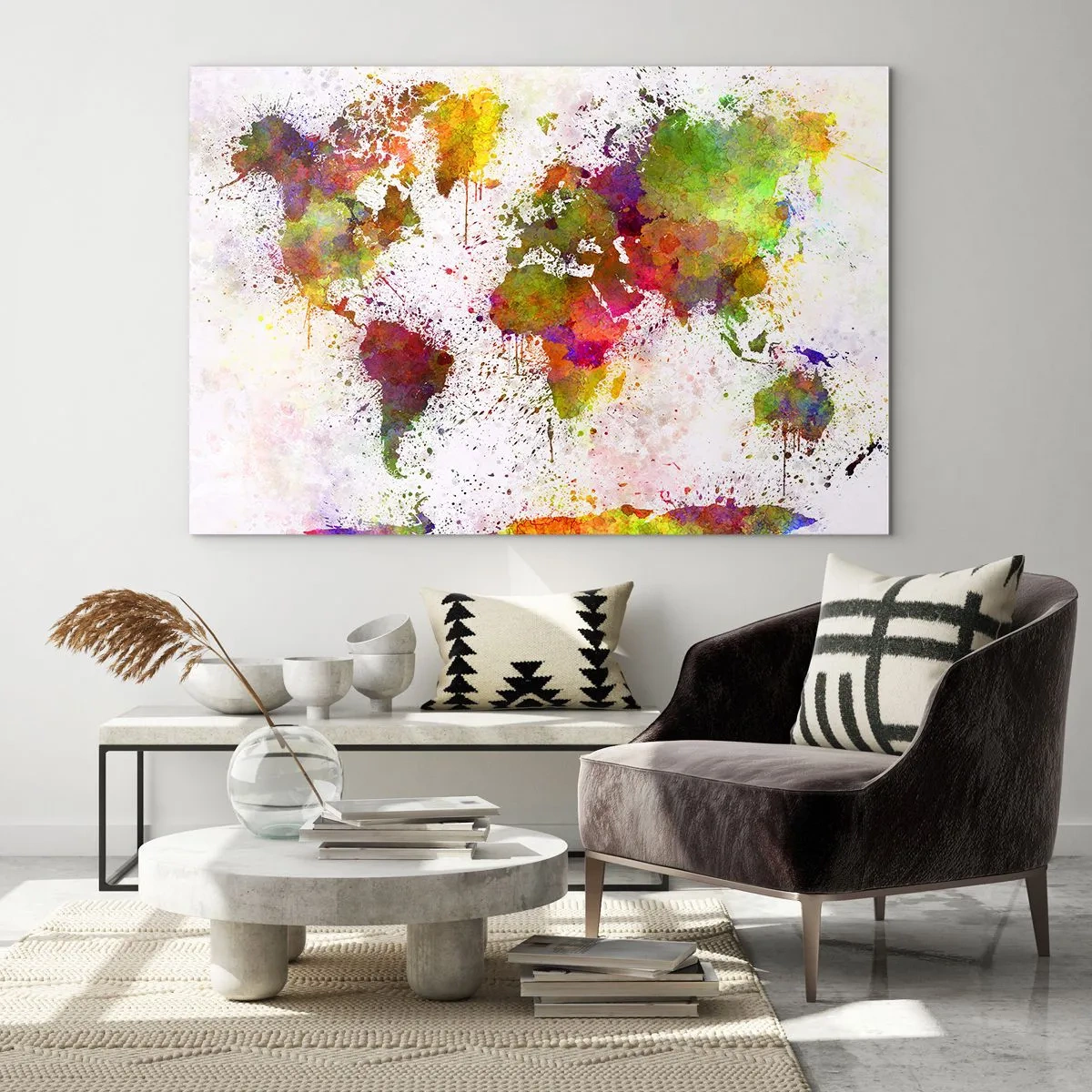 Obraz na szkle - Mapa świata w artystycznym stylu z kolorowymi plamami farby - 70x50cm - Jakoś tak samo wyszło - Nowoczesna dekoracja ścienna do salonu i sypialni ARTTOR
