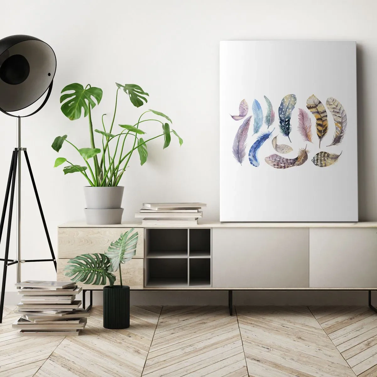 Obraz na płótnie - Akwarelowe pióra w pastelowych barwach - 50x70cm - Lekkie, pstrokate i wielobarwne - Nowoczesna dekoracja ścienna do salonu, kuchni i sypialni ARTTOR