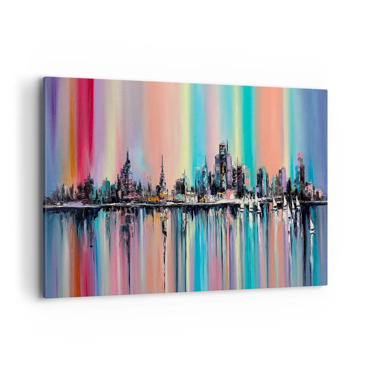 Obraz na płótnie - Kolorowy pejzaż miasta z odbiciem na wodzie - 120x80cm - Spłynąć światłem nocy - Nowoczesna dekoracja ścienna do salonu, kuchni i sypialni ARTTOR