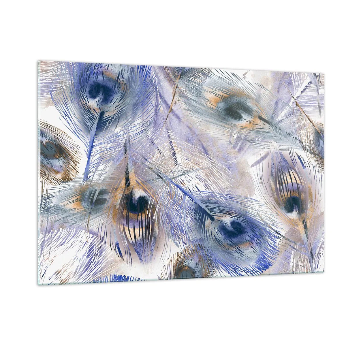 Obraz na szkle - Delikatne pióra pawia w odcieniach niebieskiego i brązu - 120x80cm - Pawiooka kompozycja - Nowoczesna dekoracja ścienna do salonu, kuchni i sypialni ARTTOR