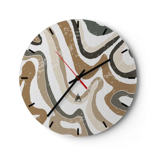 Zegar ścienny - Meandrujące pasy w barwach ziemi na białym tle - 30x30cm - Meandry barw ziemi - Nowoczesna dekoracja ścienna do salonu, kuchni i sypialni ARTTOR