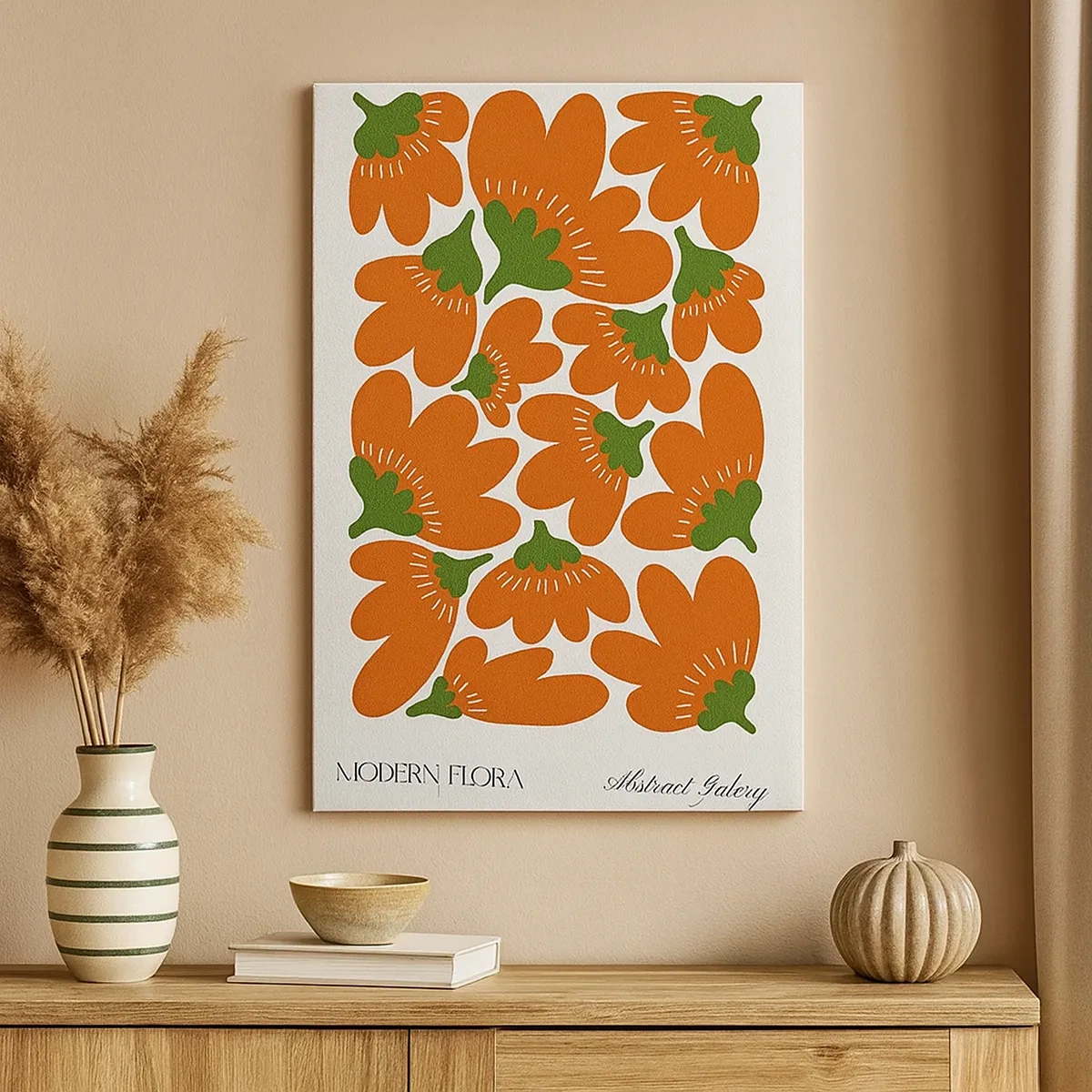 Obraz na płótnie - Abstrakcyjne pomarańczowe kwiaty na jasnym tle w nowoczesnym stylu - 50x70cm - Z życia kwiatów - Nowoczesna dekoracja ścienna do salonu, kuchni i sypialni ARTTOR