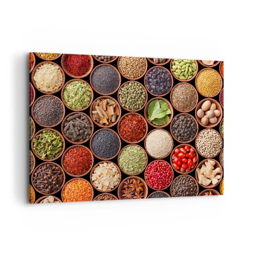Obraz na płótnie - Kolorowe przyprawy w okrągłych pojemnikach - 100x70cm - Wszystkie smaki świata - Nowoczesna dekoracja ścienna do salonu, kuchni i sypialni ARTTOR