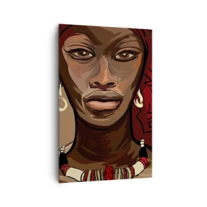 Obraz na płótnie - Portret kobiety z czerwonym turbanem na beżowym tle - 80x120cm - Hebanowa Wenus - Nowoczesna dekoracja ścienna do salonu i sypialni ARTTOR