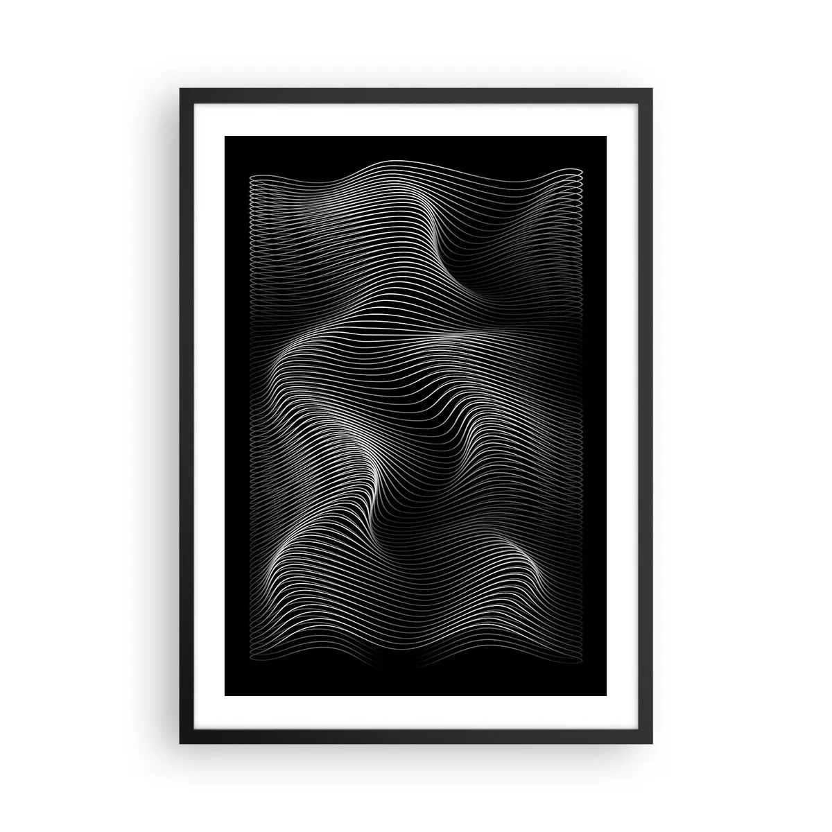 Plakat w czarnej ramie - Taniec światła w przestrzeni - Minimalistyczne fale w czerni i bieli - 50x70cm
