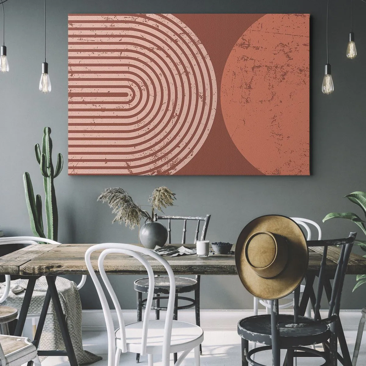 Obraz na płótnie - Geometryczne wzory w odcieniach terrakoty na vintage tle - 70x50cm - Bliska relacja - Nowoczesna dekoracja ścienna do salonu i sypialni ARTTOR