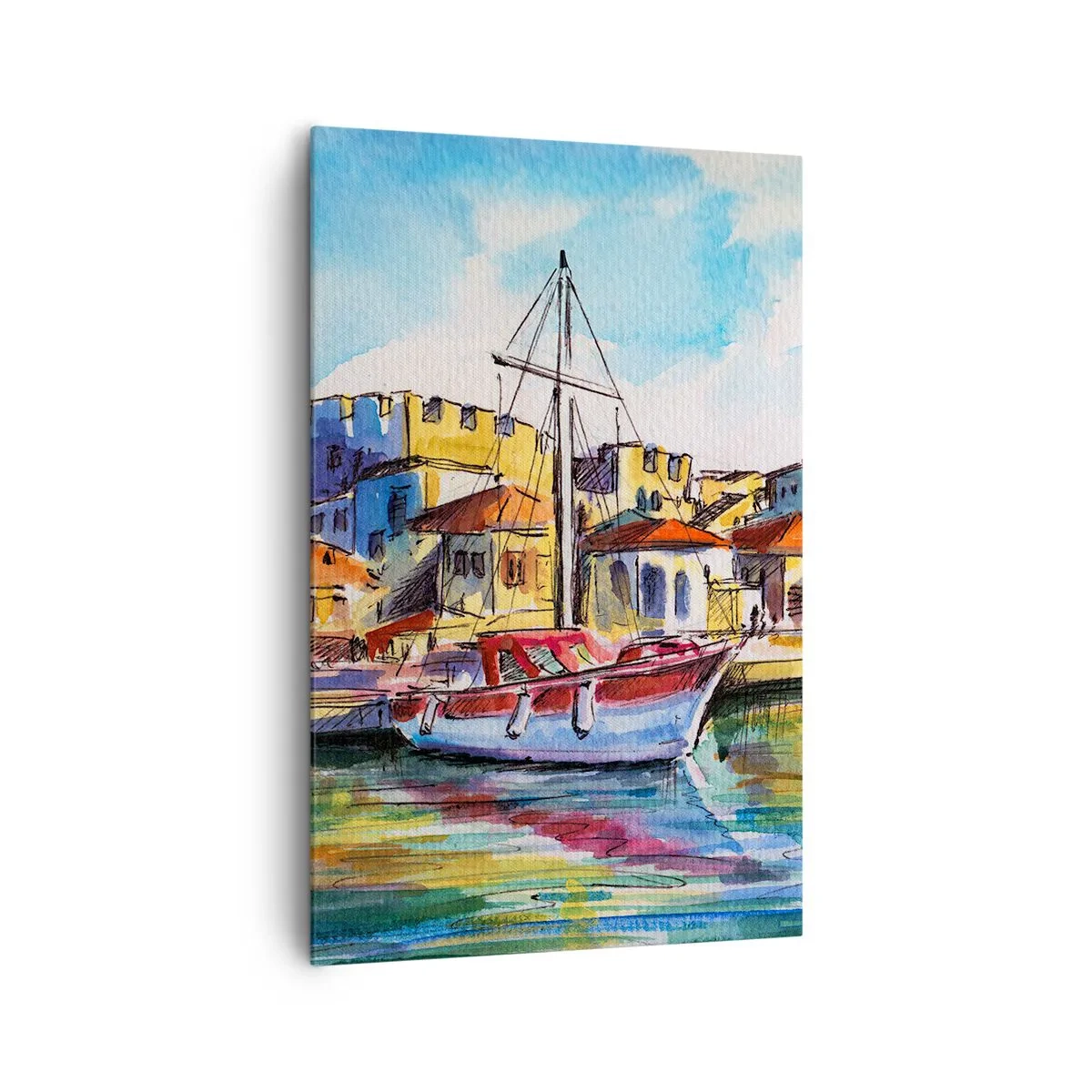 Obraz na płótnie - Malowniczy port z łodzią i kolorowymi budynkami - 80x120cm - Tęczowe popołudnie - Nowoczesna dekoracja ścienna do salonu i sypialni ARTTOR