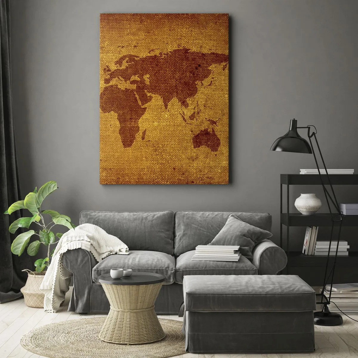 Obraz na płótnie - Mapa świata w ciepłych odcieniach na teksturowanym tle - 50x70cm - Zaproszenie do podróży - Nowoczesna dekoracja ścienna do salonu, kuchni i sypialni ARTTOR