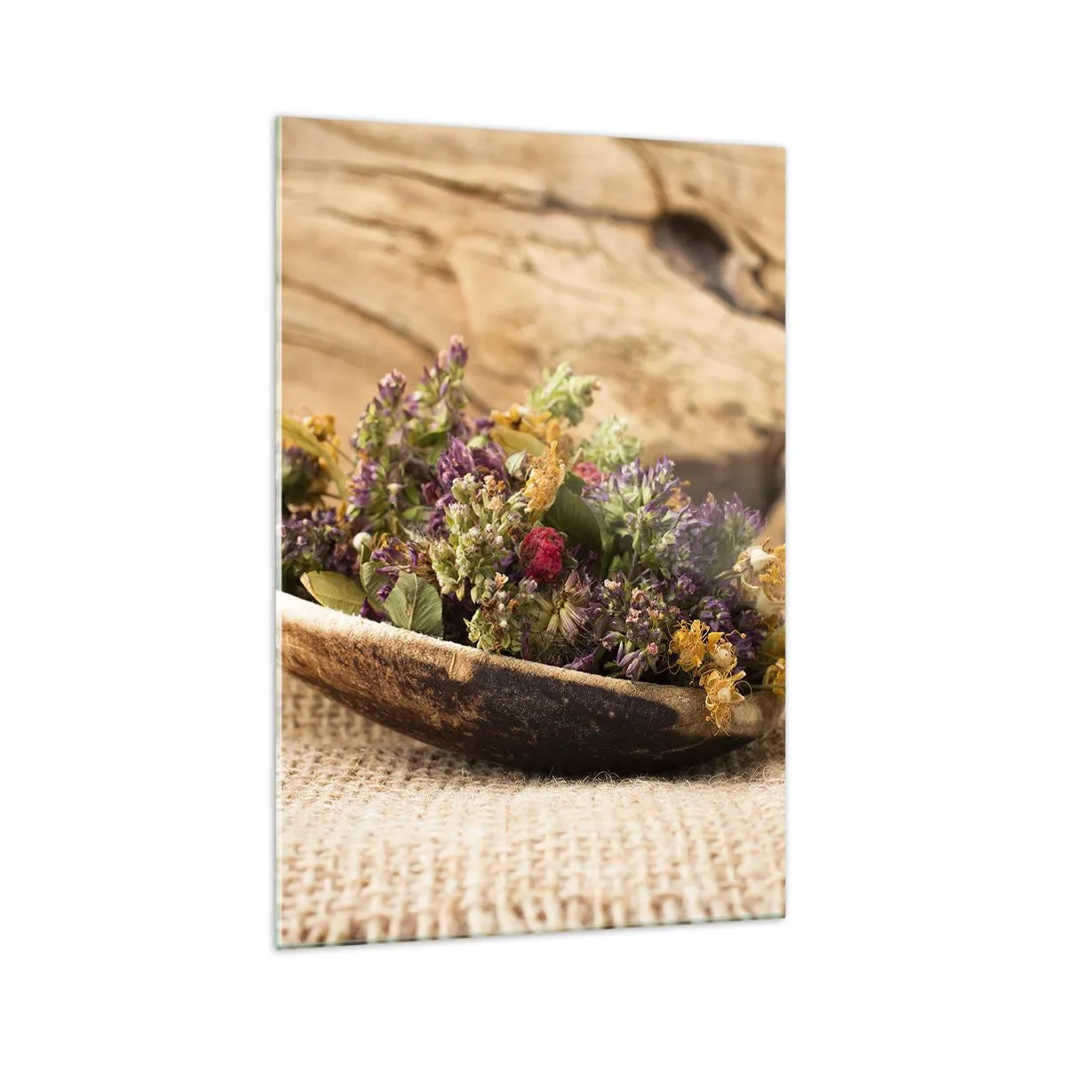 Obraz na szkle - Suszone zioła w drewnianej łyżce na tle naturalnego drewna - 70x100cm - Kwiecie barwiste i zioła pachnące - Nowoczesna dekoracja ścienna do salonu i sypialni ARTTOR
