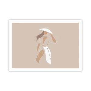 Plakat - Minimalistyczny rysunek kobiety w kapeluszu na beżowym tle - 100x70cm - Moda to zabawa - Nowoczesna dekoracja ścienna do salonu i sypialni ARTTOR