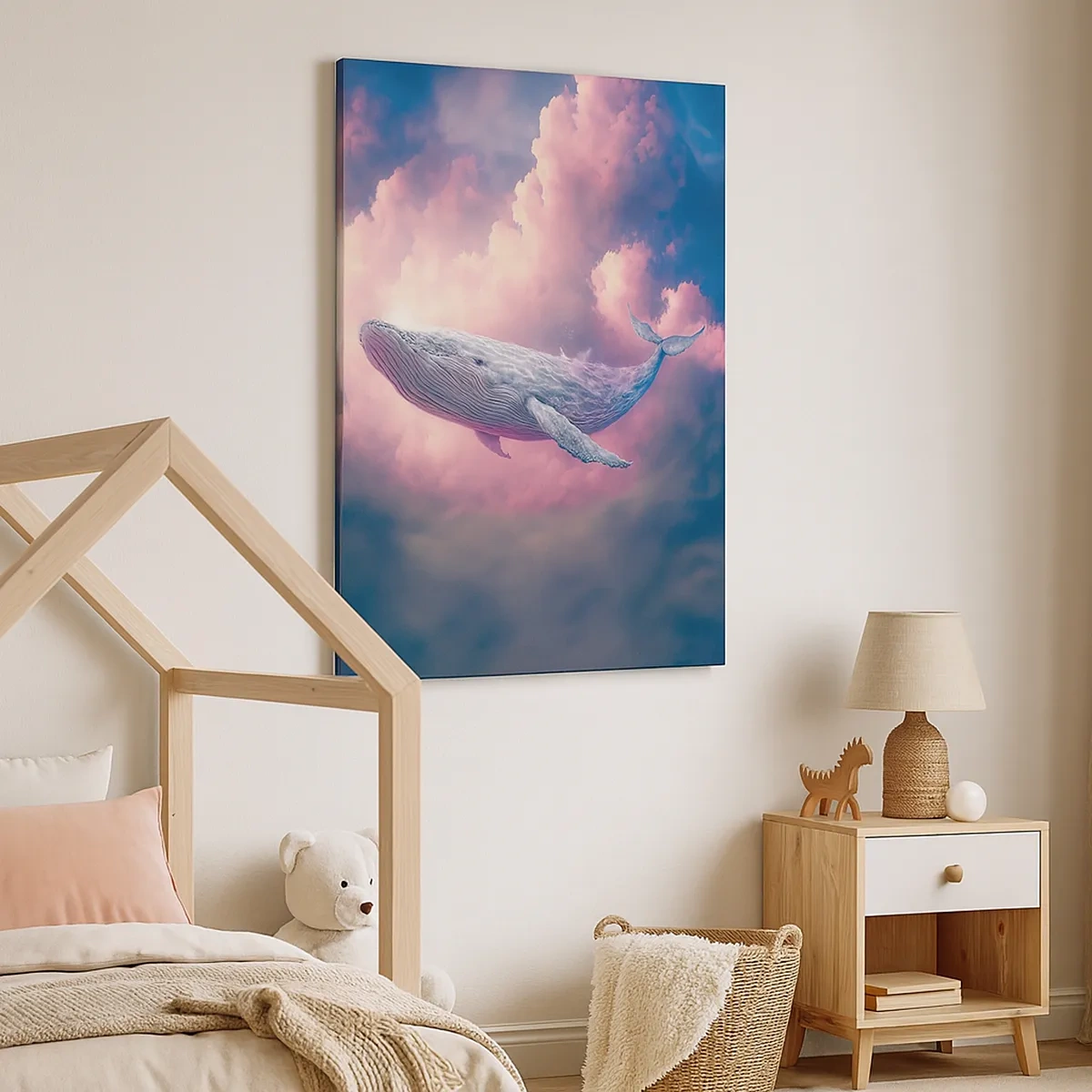Obraz na płótnie - Fantastyczny wieloryb unoszący się wśród różowych chmur na tle nieba - 50x70cm - Przetrzyj oczy - Nowoczesna dekoracja ścienna do salonu, kuchni i sypialni ARTTOR