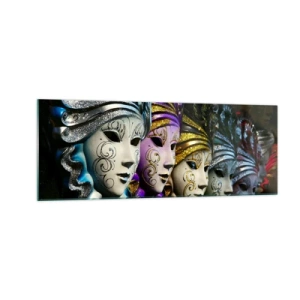 Obraz na szkle - Maski weneckie w różnych kolorach z ozdobnymi wzorami - 140x50cm - Tajemnica w złocie i w srebrze - Nowoczesna dekoracja ścienna do salonu i sypialni ARTTOR