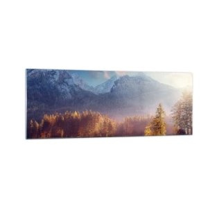 Obraz na szkle - Malowniczy widok na górski las i jezioro o świcie - 140x50cm - W górach i dolinach - Nowoczesna dekoracja ścienna do salonu i sypialni ARTTOR