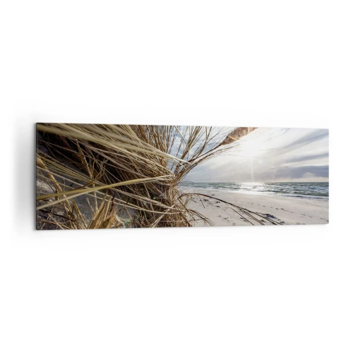 Obraz na płótnie - Plaża z suchymi trawami na wydmach i widokiem na morze - 160x50cm - Spotkanie żywiołów - Nowoczesna dekoracja ścienna do salonu i sypialni ARTTOR