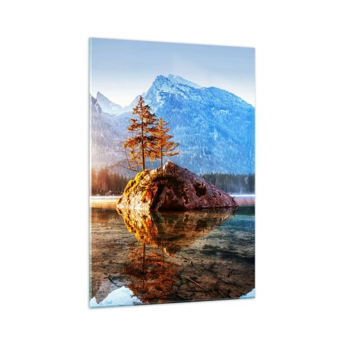 Obraz na szkle - Jezioro z wyspami i górami w tle o wschodzie słońca - 70x100cm - Natura w nowym świetle - Nowoczesna dekoracja ścienna do salonu i sypialni ARTTOR