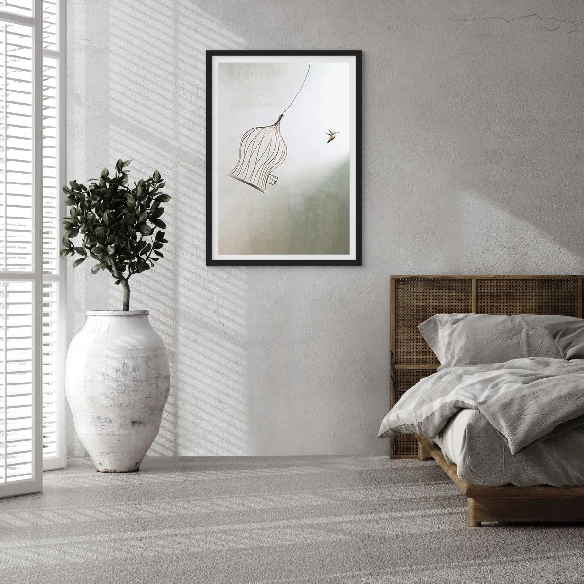 Plakat w czarnej ramie - Ptak opuszczający klatkę w minimalistycznym stylu - 50x70cm - W swoim żywiole - Nowoczesna dekoracja ścienna do salonu i sypialni ARTTOR