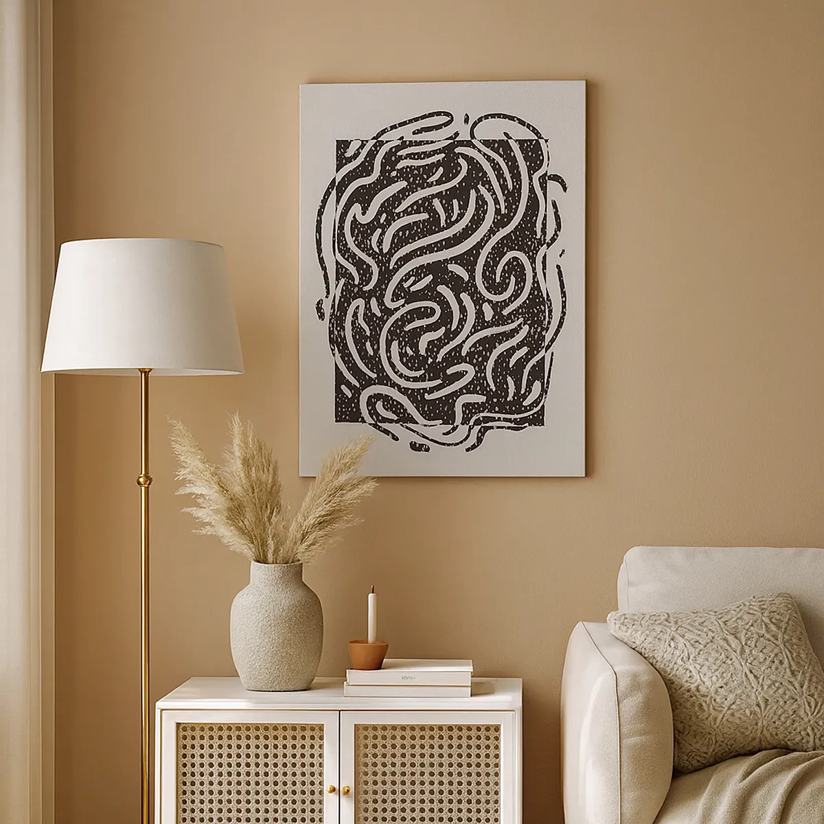 Obraz na płótnie - Czarno-biała abstrakcyjna kompozycja z dynamicznymi, falistymi liniami - 50x70cm - Abstrakcja: taniec radości - Nowoczesna dekoracja ścienna do salonu, kuchni i sypialni ARTTOR