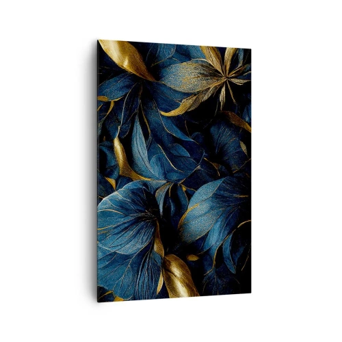 Obraz na płótnie - Eleganckie liście w złotych i granatowych odcieniach - 80x120cm - Złotem podszyte - Nowoczesna dekoracja ścienna do salonu i sypialni ARTTOR