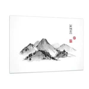 Obraz na szkle - Minimalistyczny pejzaż gór w stylu orientalnym - 120x80cm - Za dalą dal - Nowoczesna dekoracja ścienna do salonu, kuchni i sypialni ARTTOR