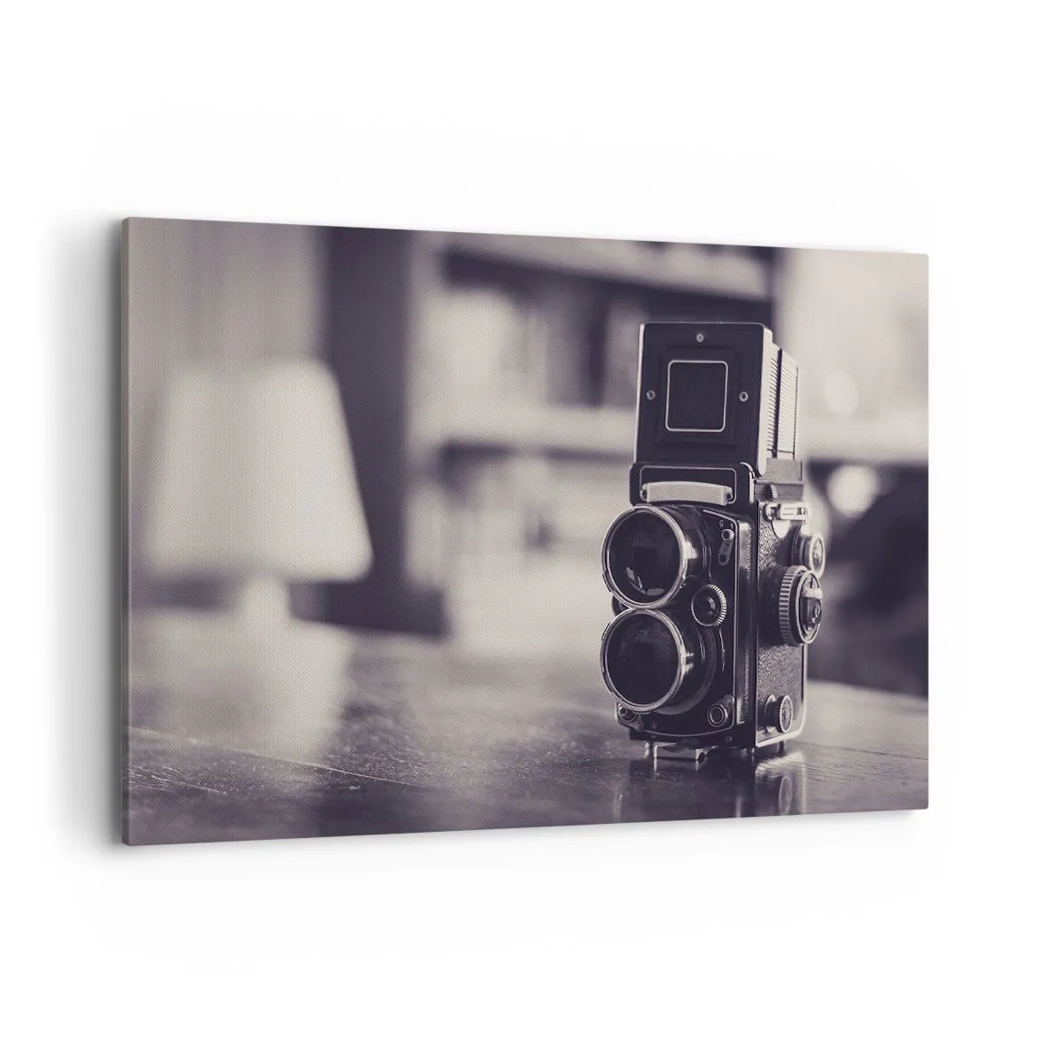Obraz na płótnie - Zabytkowy aparat fotograficzny w czerni i bieli - 120x80cm - Magia starej fotografii - Nowoczesna dekoracja ścienna do salonu, kuchni i sypialni ARTTOR