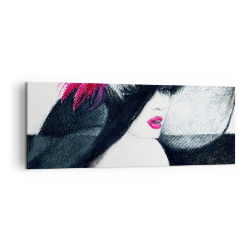 Obraz na płótnie - Stylowa kobieta w kapeluszu z piórami - 140x50cm - Zawsze tajemnica - Nowoczesna dekoracja ścienna do salonu i sypialni ARTTOR