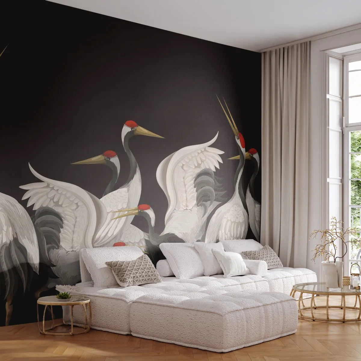 Fototapeta Premium Sand - Żurawie na czarnym tle w stylu orientalnym - 100x70cm - Ptasie sprawy - Nowoczesna dekoracja ścienna do salonu, kuchni i sypialni ARTTOR