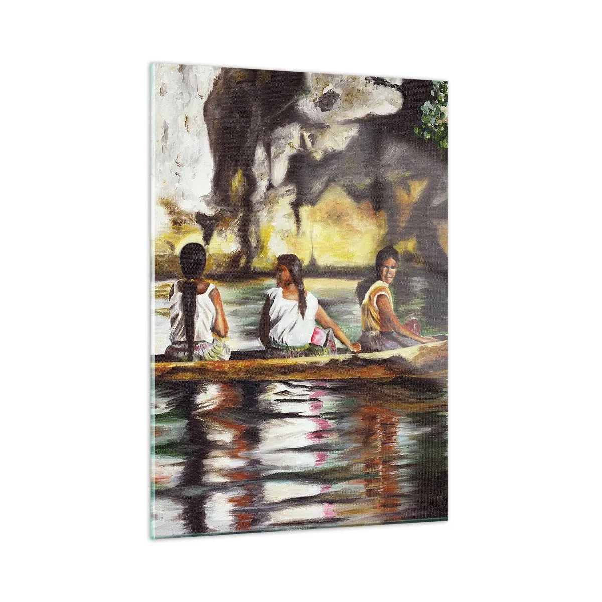 Obraz na szkle - Kobiety w łodzi na tle malowniczych skał i wody - 50x70cm - W polinezyjskim raju - Nowoczesna dekoracja ścienna do salonu, kuchni i sypialni ARTTOR