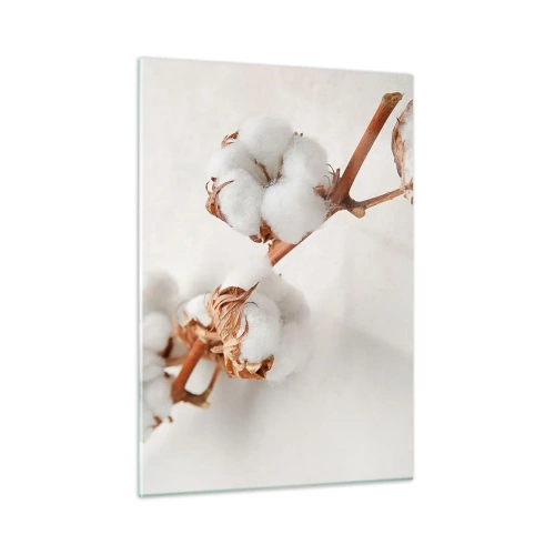 Obraz na szkle - Zbliżenie na gałązkę bawełny na jasnym tle - 50x70cm - Tylko tulić - Nowoczesna dekoracja ścienna do salonu, kuchni i sypialni ARTTOR