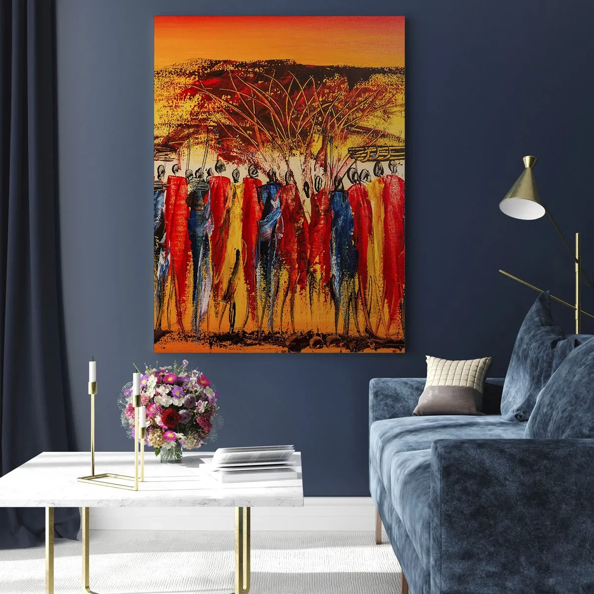 Obraz na szkle - Barwna scena z ludźmi w tradycyjnych afrykańskich strojach - 50x70cm - Tam, tam, tam tam idą - Nowoczesna dekoracja ścienna do salonu, kuchni i sypialni ARTTOR