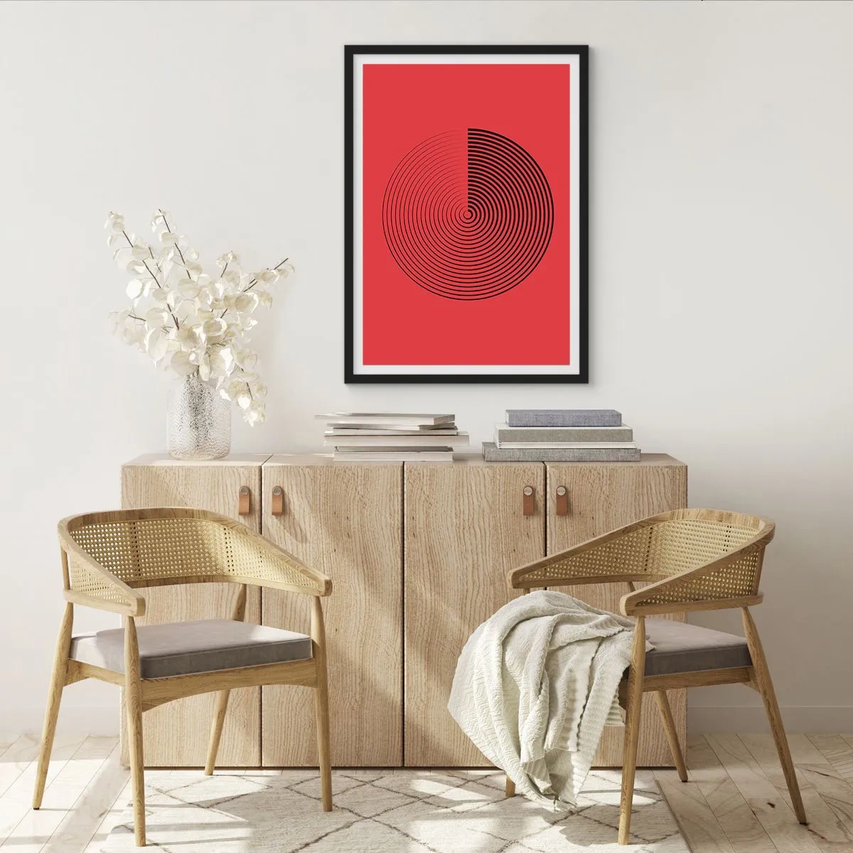 Plakat w czarnej ramie - Geometryczna spirala na czerwonym tle w stylu minimalistycznym - 50x70cm - Ruch kolisty - Nowoczesna dekoracja ścienna do salonu i sypialni ARTTOR