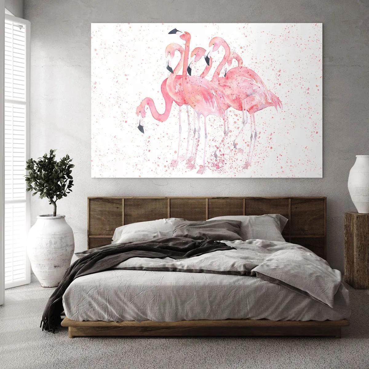 Obraz na szkle - Akwarelowe flamingi na jasnym tle z delikatnymi plamkami - 70x50cm - Różowy ansambl - Nowoczesna dekoracja ścienna do salonu i sypialni ARTTOR