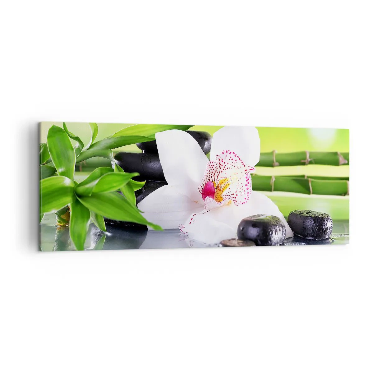 Obraz na płótnie - Orchidea, kamienie i bambus w harmonijnej kompozycji spa - 140x50cm - Chłodna świeżość - Nowoczesna dekoracja ścienna do salonu i sypialni ARTTOR