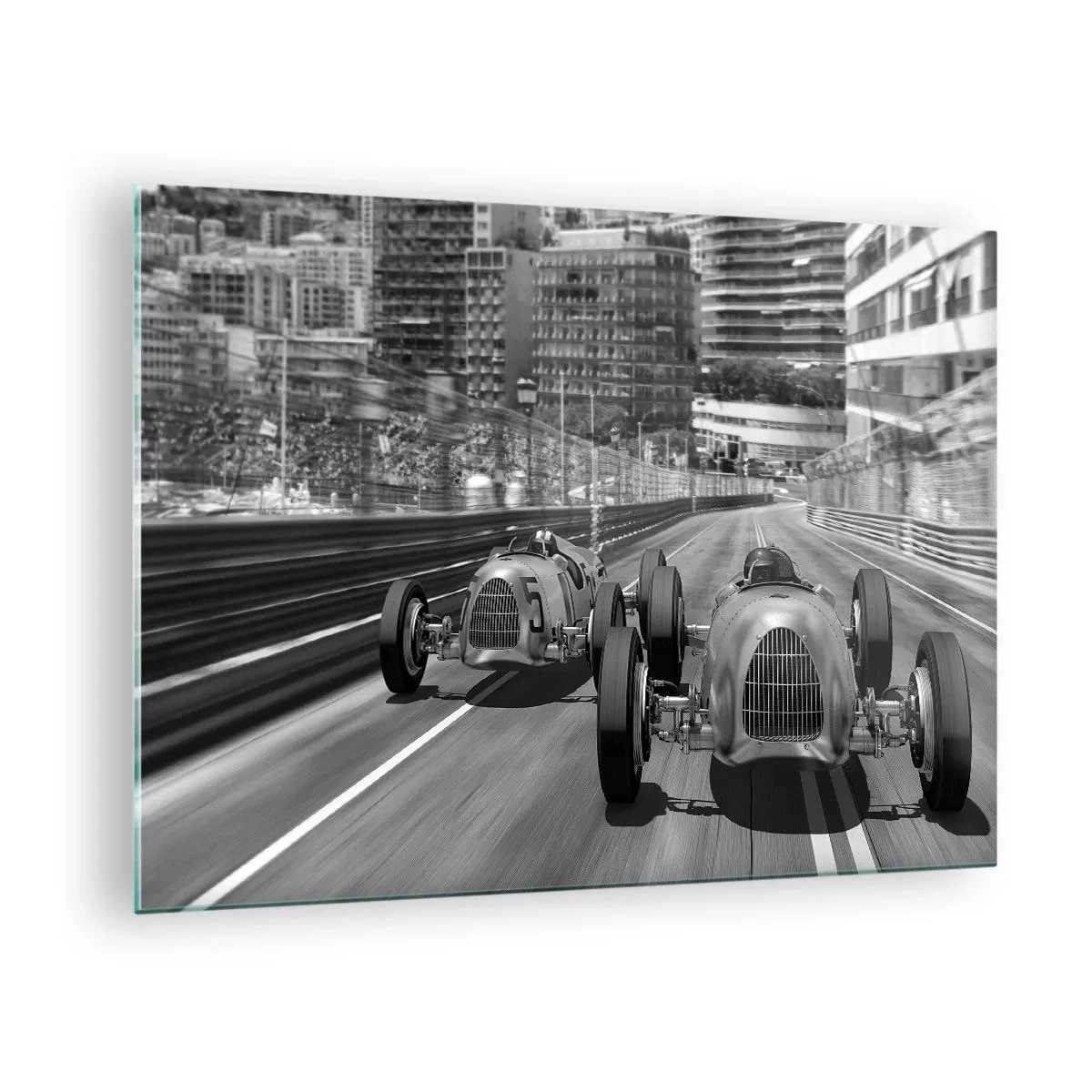 Obraz na szkle - Historyczny wyścig samochodowy w czerni i bieli - 70x50cm - Dawno temu w Monte Carlo - Nowoczesna dekoracja ścienna do salonu i sypialni ARTTOR