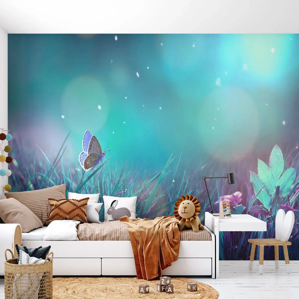 Fototapeta Premium Sand - Magiczna łąka z motylem w niebieskich odcieniach - 100x70cm - Sekretne życie łąki - Nowoczesna dekoracja ścienna do salonu, kuchni i sypialni ARTTOR