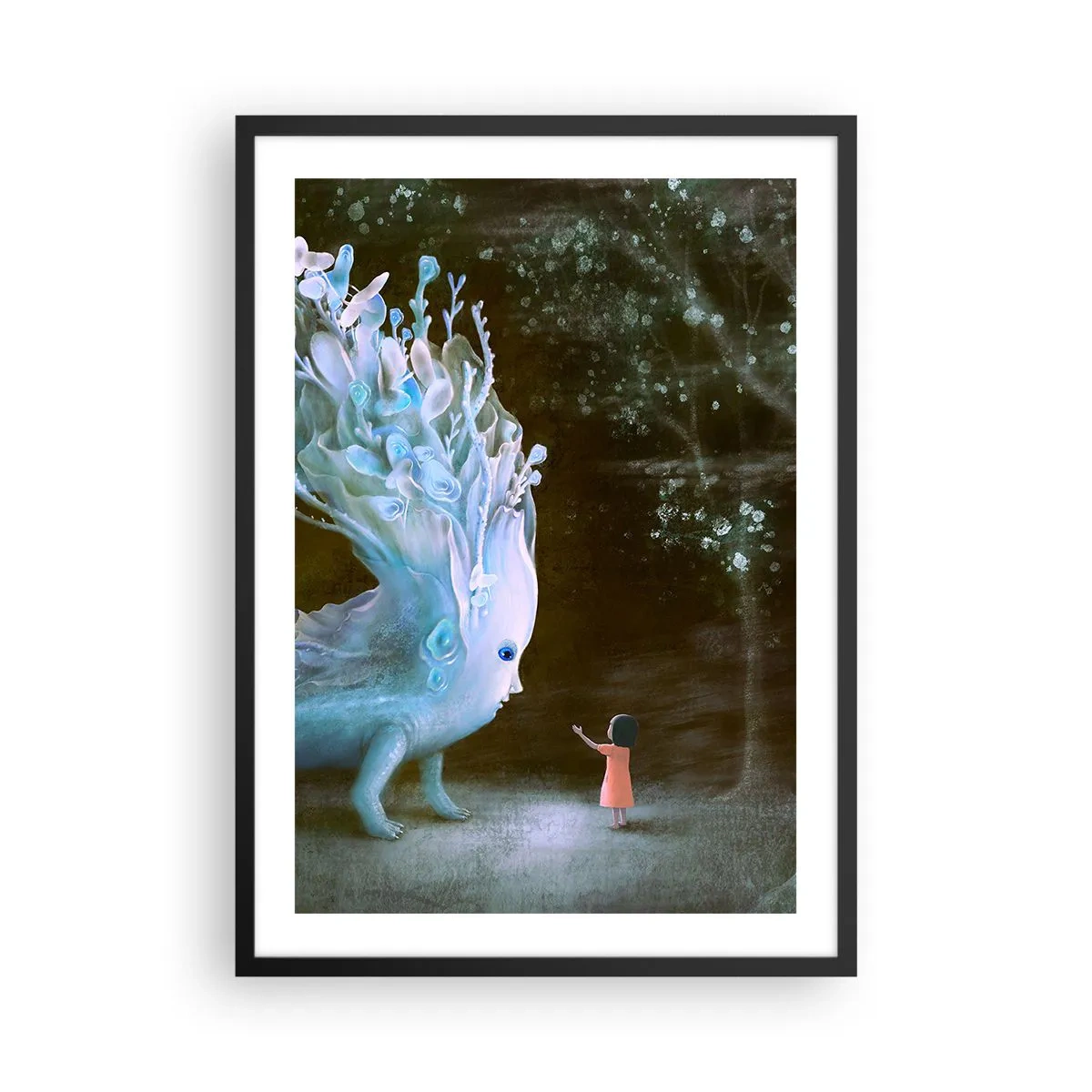 Plakat w czarnej ramie - Fantastyczne spotkanie - Dziewczynka w lesie spotykająca magiczną istotę w świetlistym otoczeniu - 50x70cm