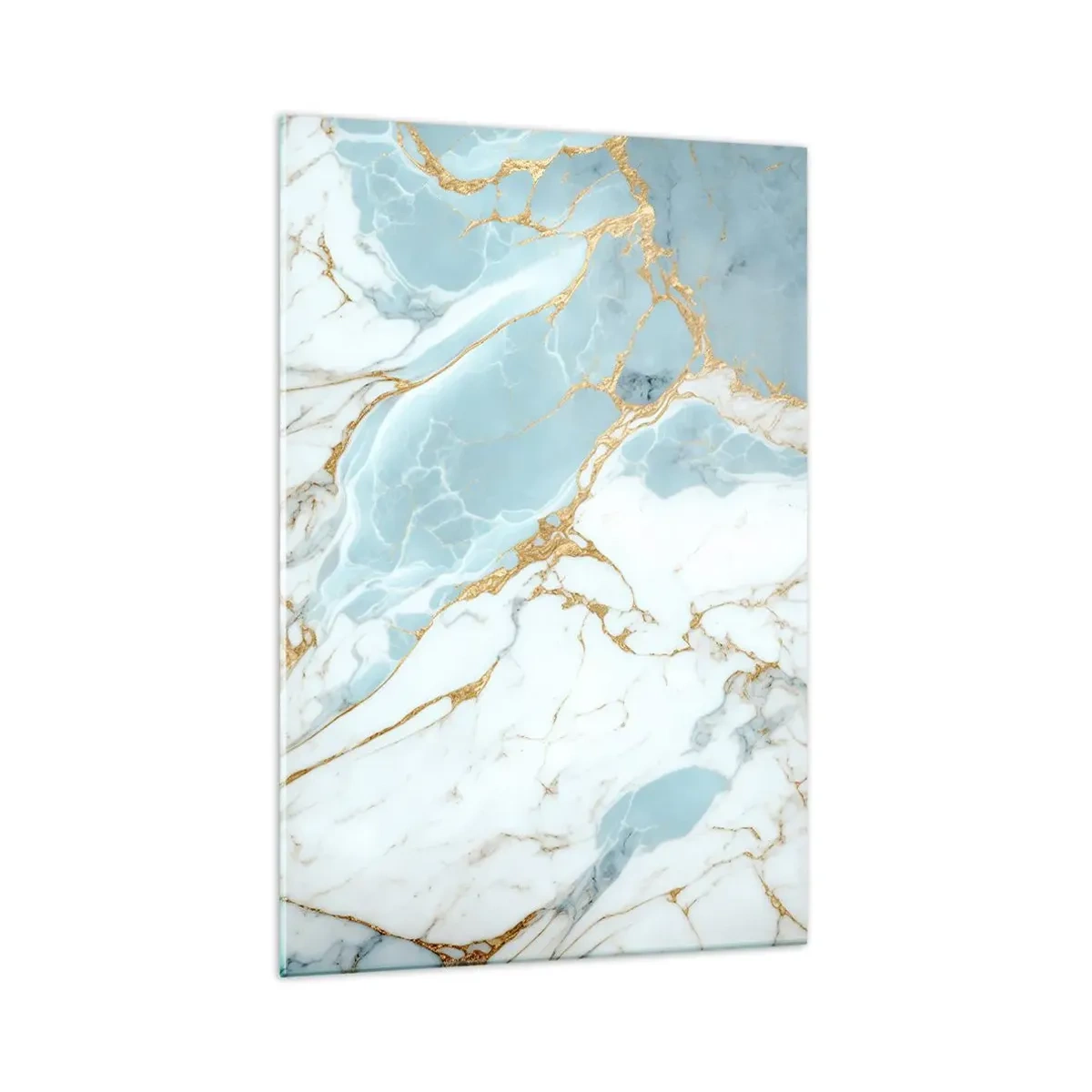 Obraz na szkle - Błękitno-białe marmurowe wzory z dodatkiem złotych żył - 70x100cm - Bogactwo kamienia - Nowoczesna dekoracja ścienna do salonu i sypialni ARTTOR
