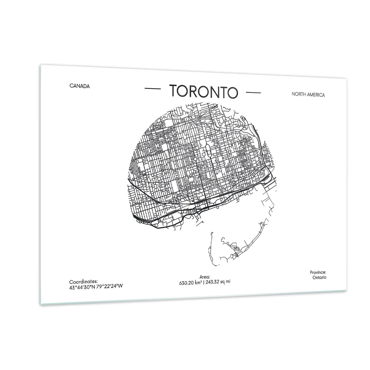 Obraz na szkle - Mapa Toronto w minimalistycznym stylu z siatką ulic - 120x80cm - Anatomia Toronto - Nowoczesna dekoracja ścienna do salonu, kuchni i sypialni ARTTOR