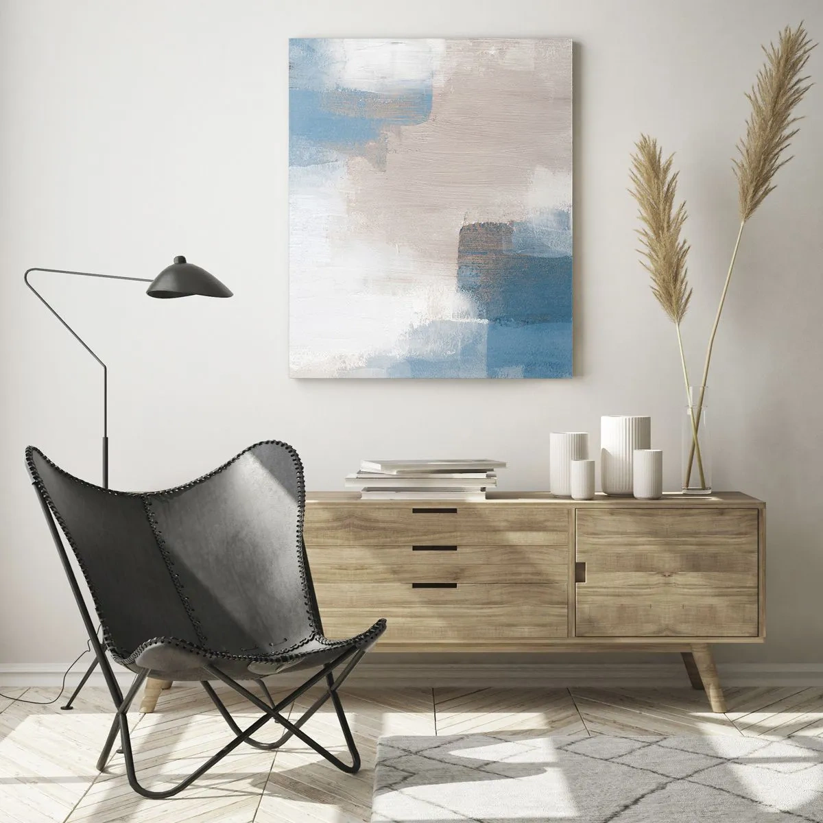 Obraz na szkle - Abstrakcyjne kształty w odcieniach błękitu i beżu - 80x120cm - Abstrakcja różowa za zasłoną błękitu - Nowoczesna dekoracja ścienna do salonu i sypialni ARTTOR