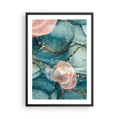 Plakat w czarnej ramie - Abstrakcyjna kompozycja w odcieniach turkusu i złota - 50x70cm - Jedwabny błękit, tiulowy róż - Nowoczesna dekoracja ścienna do salonu i sypialni ARTTOR