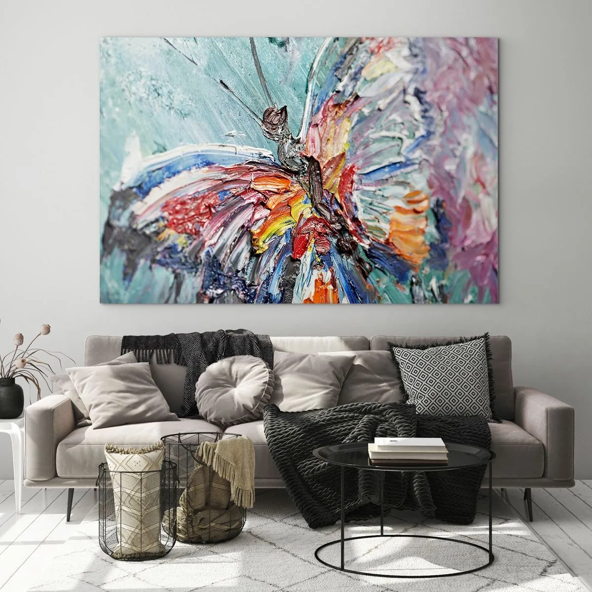 Obraz na szkle - Kolorowy motyl w abstrakcyjnym stylu na błękitnym tle - 120x80cm - Pomalowany przez naturę - Nowoczesna dekoracja ścienna do salonu, kuchni i sypialni ARTTOR